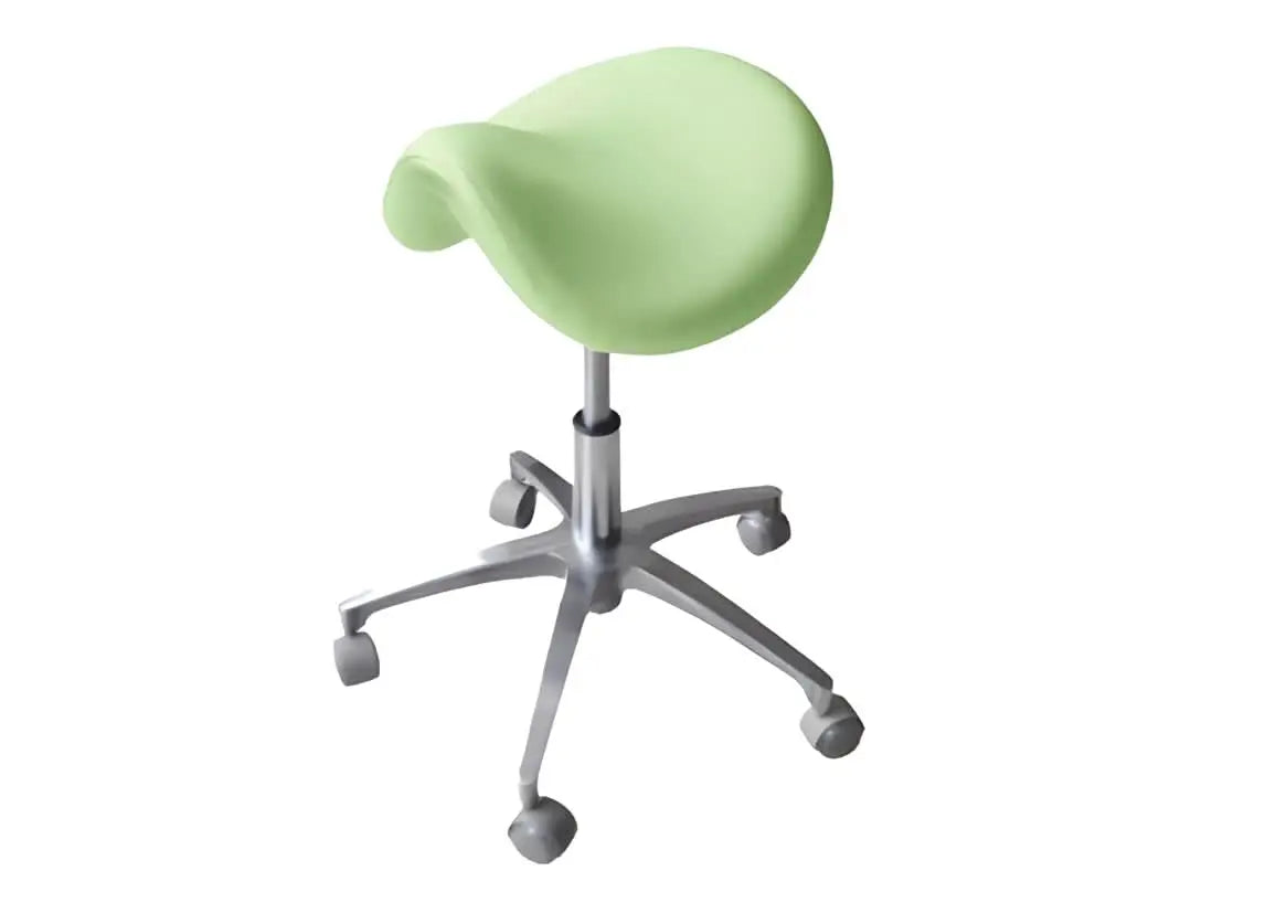 D4 Saddle Doctor Stool with light green ergonomic seat, adjustable height chrome stem, and five-star base with wheels for mobility in medical settings. Designed for comfort and proper posture during long procedures.