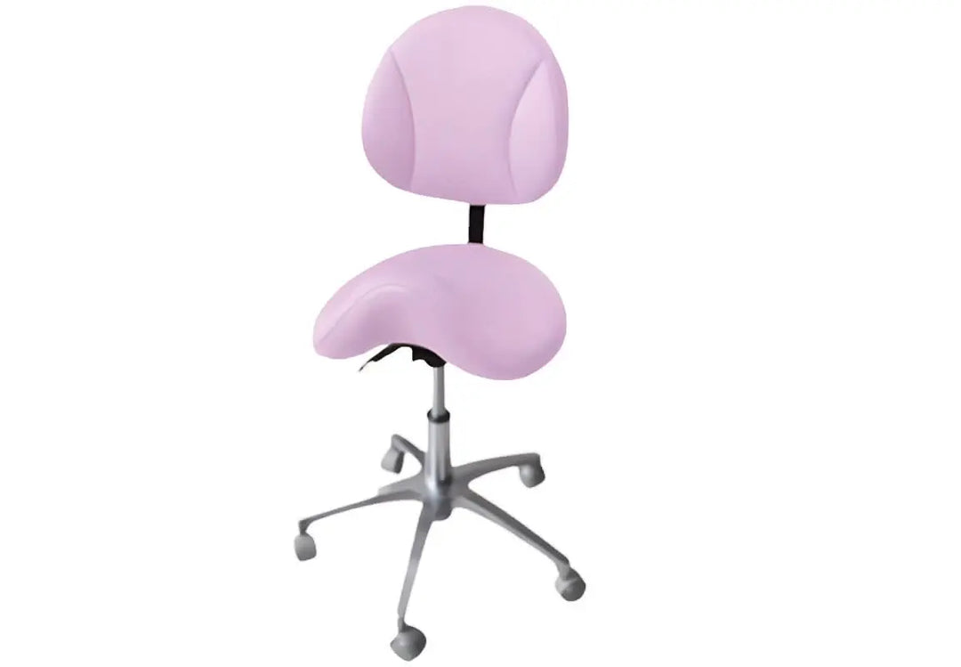 D5 Saddle Doctor Stool featuring a light purple ergonomic seat and backrest, mounted on a silver adjustable base with wheels for mobility. The stool's unique saddle-shaped seat promotes proper posture and comfort for medical professionals.