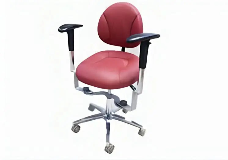 D9 Doctor Stool With Armrest: Ergonomic medical chair in red leather with adjustable armrests, wheeled base, and contoured seat for optimal comfort and support during long procedures. Ideal for healthcare professionals in clinical settings.