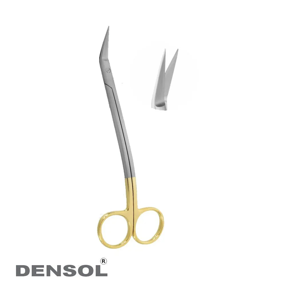 Dean Tonsil Scissors TC 17cm curved, professional surgical instrument with gold-colored handle and curved stainless steel blades, designed for precise tonsil procedures, shown against white background with Densol brand logo