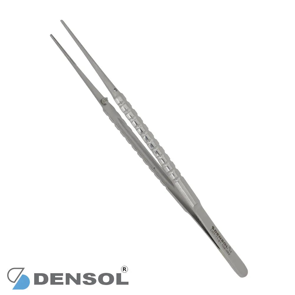 Debakey Atraumatic Tissue Forceps 18cm Straight, stainless steel surgical instrument with fine-toothed tips for gentle tissue handling, featuring textured handle for secure grip, manufactured by Densol