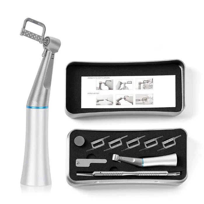 Dental 1:1 Interproximal Reciprocating Strip Contra Angle Handpiece with 10 strips, displayed alongside storage case containing additional instruments and instruction diagrams for dental procedures