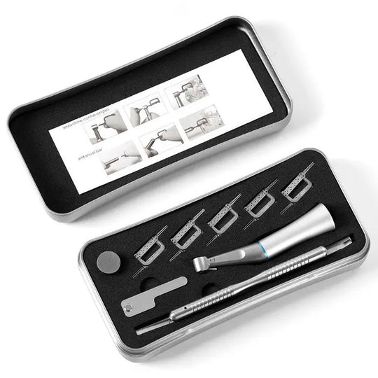 Dental 1:1 Interproximal Reciprocating Strip Contra Angle Handpiece set in black case, including handpiece, multiple attachments, and instruction card displaying usage diagrams