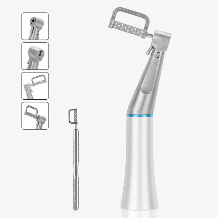 Dental 1:1 Interproximal Reciprocating Strip Contra Angle Handpiece with 10 strips. Image shows main handpiece with angled head, detachable strip holder, and various attachments. Product features silver color and ergonomic design for precise dental procedures.