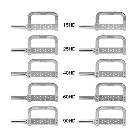 Dental 1:1 Interproximal Reciprocating Strip Contra Angle Handpiece+10pcs Strips: Set of 10 metal dental strips with different HD grades (15, 25, 40, 60, 90) for interproximal stripping, displayed in pairs with labeled grit sizes for precise dental procedures.