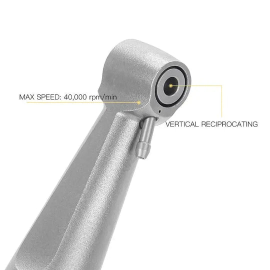 Dental 1:1 Interproximal Reciprocating Strip Contra Angle Handpiece with max speed of 40,000 rpm/min and vertical reciprocating feature, showcasing its precision design for safe and efficient dental procedures