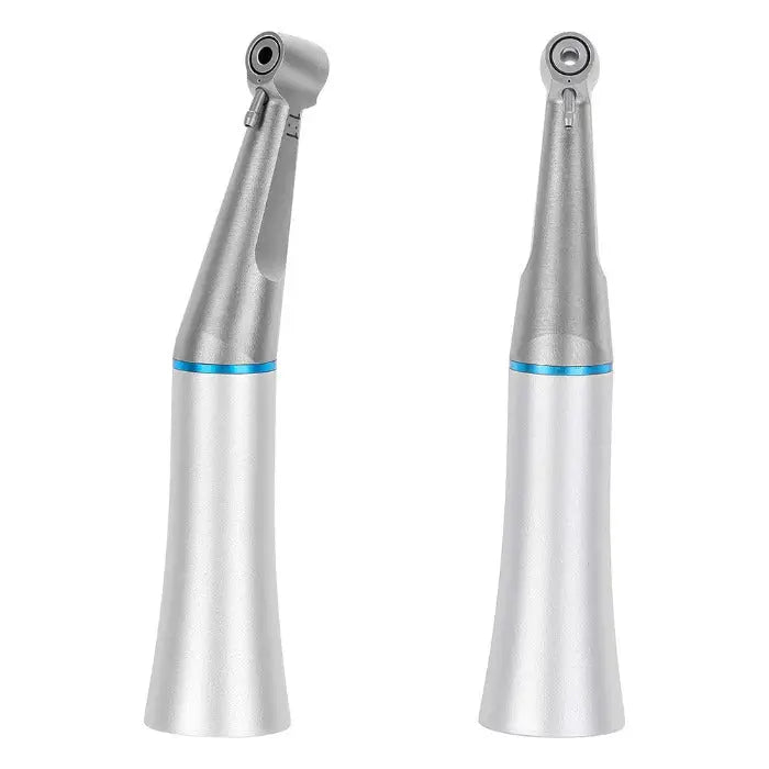 Dental 1:1 Interproximal Reciprocating Strip Contra Angle Handpiece: Two silver dental instruments with blue accent rings, featuring angled heads for precise interproximal stripping and tooth reduction in orthodontic procedures