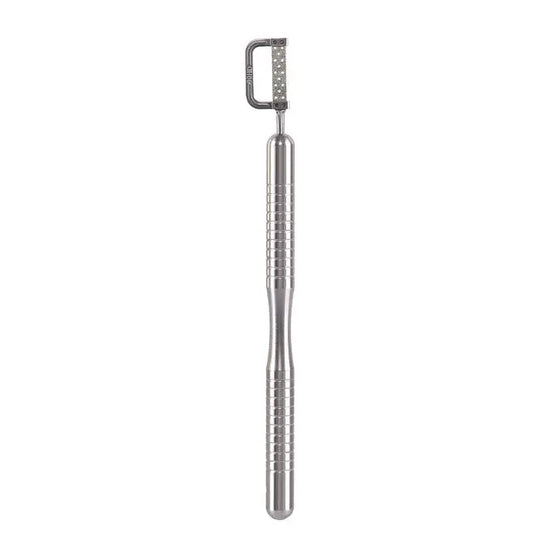 Dental 1:1 Interproximal Reciprocating Strip Contra Angle Handpiece: Silver metallic dental tool with textured grip handle and perpendicular head attachment for precise interproximal stripping, shown against white background