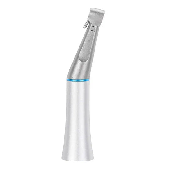 Dental 1:1 Interproximal Reciprocating Strip Contra Angle Handpiece, silver metallic device with blue accent ring, ergonomic design for precise dental procedures, used with interproximal strips for safe and controlled tooth reduction