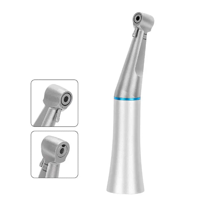 Dental 1:1 Interproximal Reciprocating Strip Contra Angle Handpiece shown from multiple angles. Silver, sleek design with angled head and blue accent ring. Precise dental tool for interproximal stripping, compatible with ISO E type handpieces.