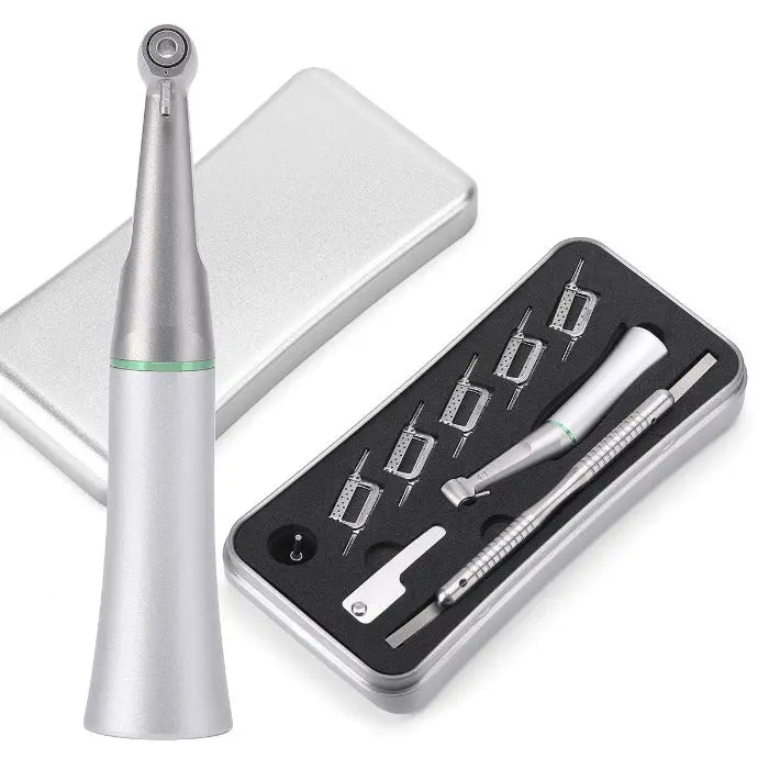 Dental 4:1 Reduction Interproximal Stripping Contra Angle Handpiece with silver metal case containing various attachments and tools for precise dental procedures, including stripping gauge and polishing strips