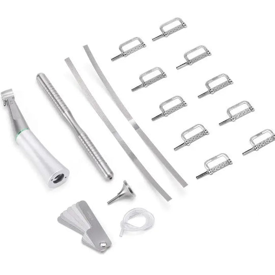 Dental 4:1 Reduction Interproximal Stripping Contra Angle Handpiece set with various attachments, including contra angle, gauge, automatic strips, polishing strips, pushrod, and tool for precise dental procedures and interproximal stripping