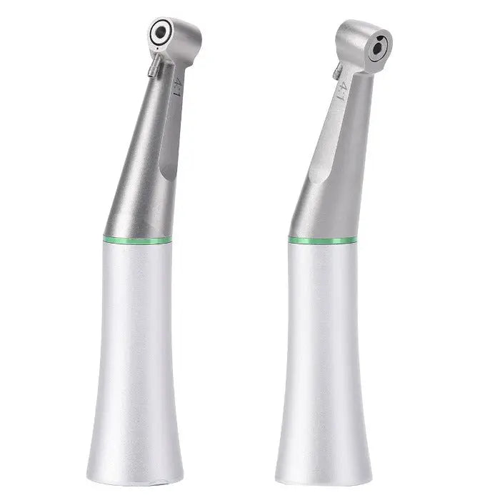 Dental 4:1 Reduction Interproximal Stripping Contra Angle Handpiece shown as two silver dental tools with angled heads and green indicator lights, designed for precise and safe interproximal stripping in dental procedures