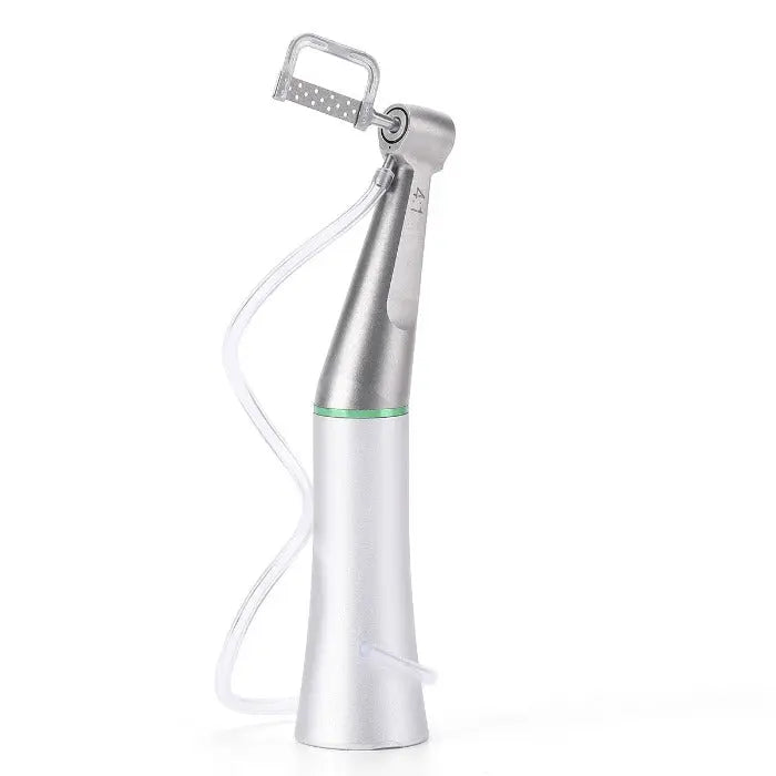 Dental 4:1 Reduction Interproximal Stripping Contra Angle Handpiece, silver-colored device with green accent ring, featuring a curved design and specialized tip for precise dental procedures, displayed against a white background