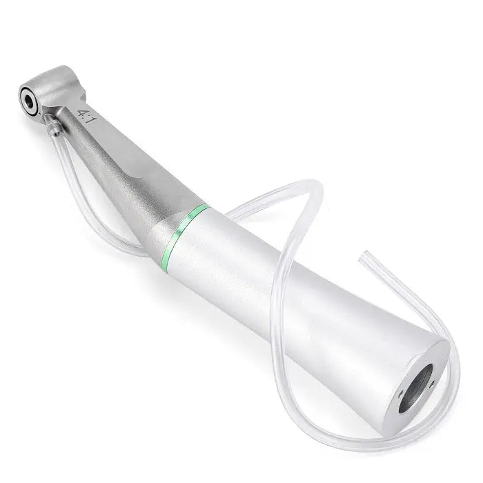 Dental 4:1 Reduction Interproximal Stripping Contra Angle Handpiece, sleek silver design with green accent, precise dental tool for safe and efficient interproximal stripping, includes attached transparent tube for debris collection