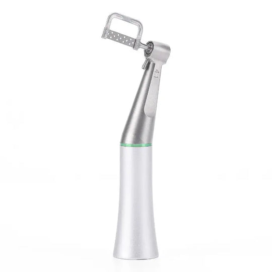 Dental 4:1 Reduction Interproximal Stripping Contra Angle Handpiece, sleek silver design with angled head and green accent, precision dental tool for safe and efficient interproximal stripping, compatible with ISO E type handpieces