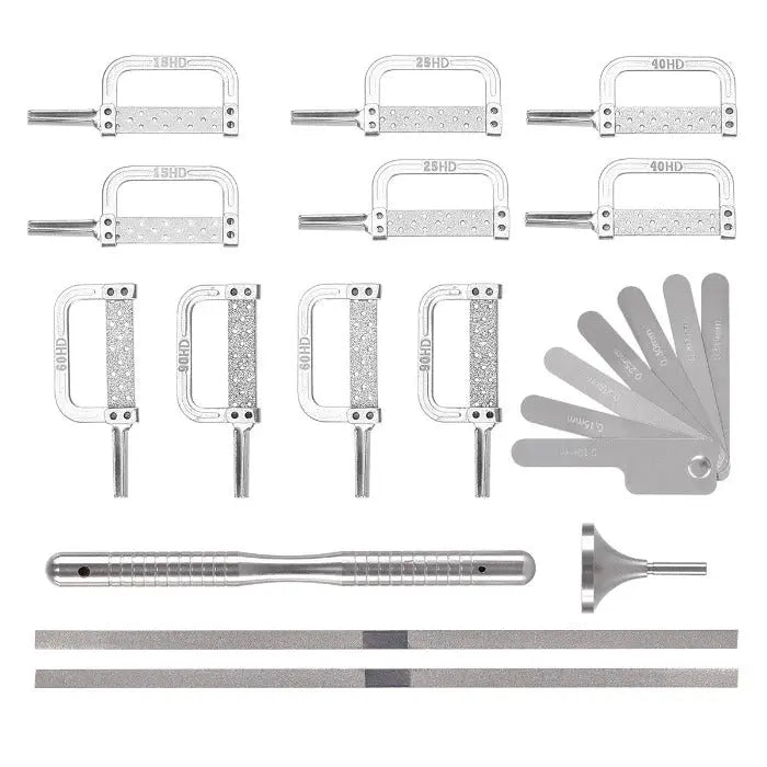 Dental 4:1 Reduction Interproximal Stripping Contra Angle Handpiece kit components, including various gauges, automatic strips, polishing strips, pushrod, and measurement tools for precise dental procedures