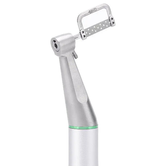 Dental 4:1 Reduction Interproximal Stripping Contra Angle Handpiece with silver body, angled head, and perforated metal strip for precise dental procedures, featuring a green indicator ring and ergonomic design for comfortable use in dental practices