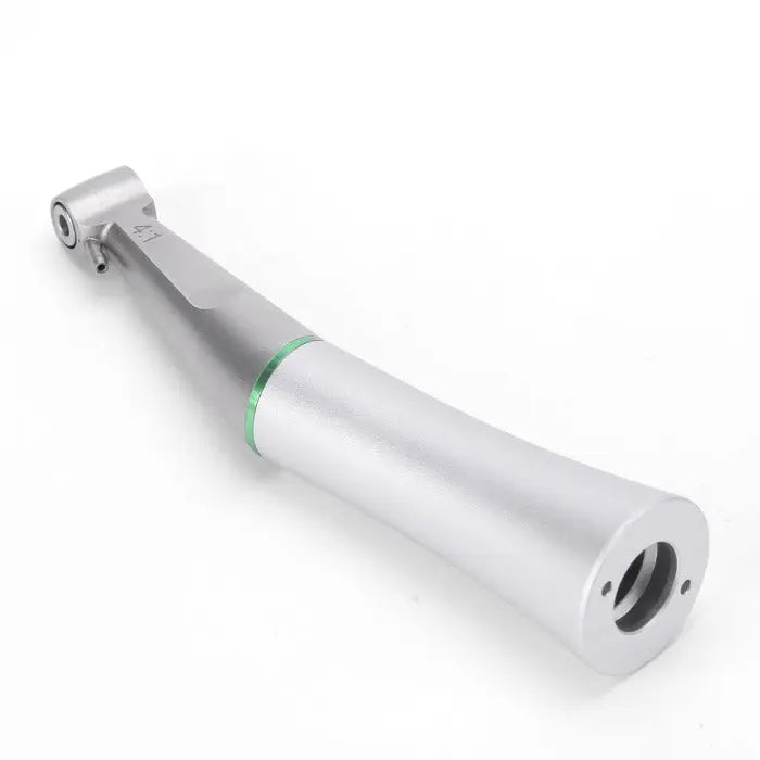 Dental 4:1 Reduction Interproximal Stripping Contra Angle Handpiece, silver and white professional dental tool with angled head and green indicator ring, designed for precise and safe interproximal stripping in dental procedures