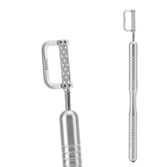 Dental 4:1 Reduction Interproximal Stripping Contra Angle Handpiece with vertical reciprocating strip attachments for precise dental procedures, showcasing stainless steel construction and ergonomic design for comfortable handling and accurate interproximal stripping