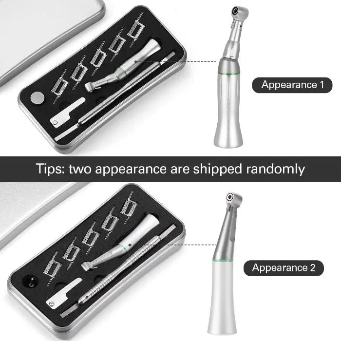 Dental 4:1 Reduction Interproximal Stripping Contra Angle Handpiece shown in two appearances with storage case. Set includes handpiece, gauge, automatic strips, tool, polishing strip, and pushrod for precise dental procedures. Professional dental equipment for safe and accurate interproximal stripping.