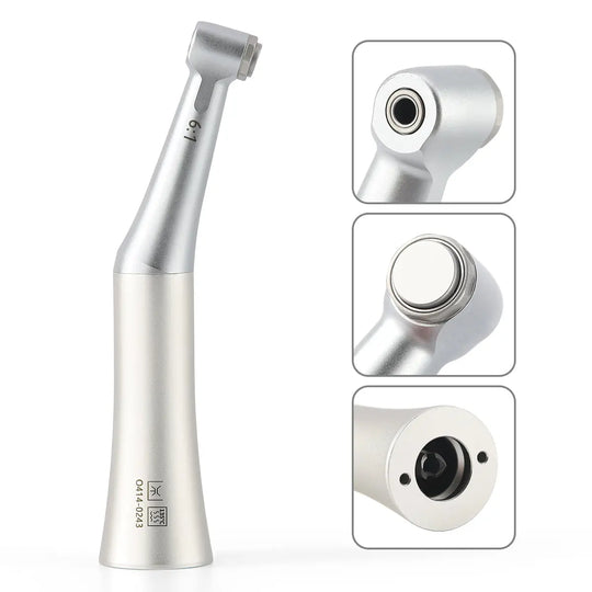 Dental 6:1 Reduction Endo Handpiece Contra Angle Mini Head Push Button shown in main image and three detail views, featuring silver metal construction, angled design, and push-button mechanism for root canal preparation and dental procedures