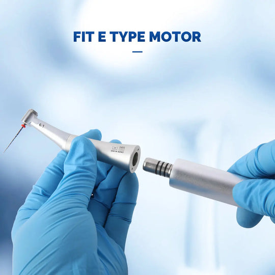 Dental 6:1 Reduction Endo Handpiece Contra Angle Mini Head Push Button shown in use with gloved hands, featuring silver body and attachments. Text "FIT E TYPE MOTOR" visible above, highlighting product compatibility.