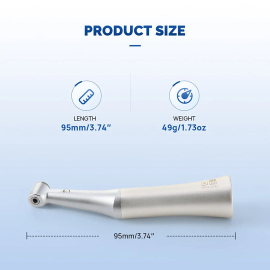 Dental 6:1 Reduction Endo Handpiece Contra Angle Mini Head Push Button product size chart showing length of 95mm/3.74" and weight of 49g/1.73oz, with image of the sleek silver handpiece below