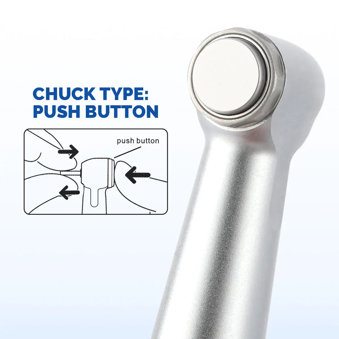 Dental 6:1 Reduction Endo Handpiece Contra Angle Mini Head Push Button with close-up view of push button mechanism and illustration demonstrating its use for dental procedures