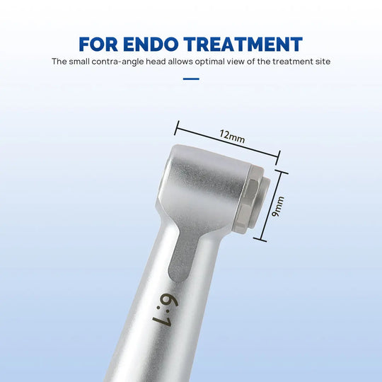 Dental 6:1 Reduction Endo Handpiece Contra Angle Mini Head Push Button for endodontic treatment, featuring a small 12mm x 9mm contra-angle head for optimal view during root canal procedures, with 6:1 reduction ratio marked on the silver body