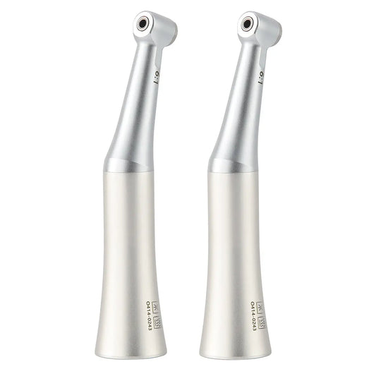 Dental 6:1 Reduction Endo Handpiece Contra Angle Mini Head Push Button, two silver and white dental instruments with angled heads for root canal preparation, compatible with E type motors, featuring push button chuck and 6:1 reduction ratio