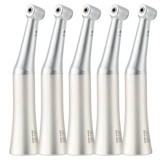 Five silver Dental 6:1 Reduction Endo Handpiece Contra Angle Mini Head Push Button tools lined up, showcasing sleek design and professional-grade quality for root canal preparation and dental procedures.