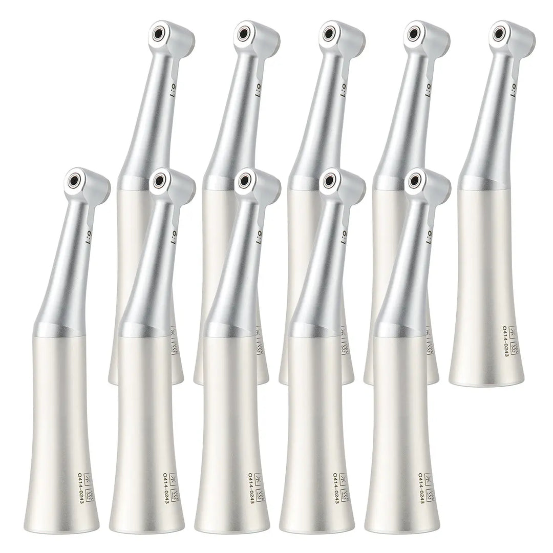 Dental 6:1 Reduction Endo Handpiece Contra Angle Mini Head Push Button displayed as a collection of silver and white dental tools with angled heads, designed for precision root canal procedures and compatible with E type motors.