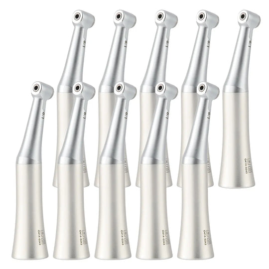 Dental 6:1 Reduction Endo Handpiece Contra Angle Mini Head Push Button displayed as a collection of silver and white dental tools with angled heads, designed for precision root canal procedures and compatible with E type motors.