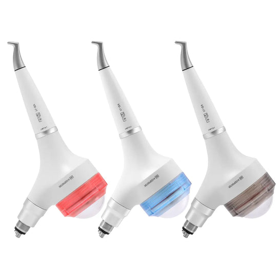 Dental Air Polisher Prophy Teeth Whitening A1 Detachable 360° Rotating Handpiece 4 Holes shown in three color variants: white devices with red, blue, and gray transparent chambers, featuring ergonomic design and detachable rotating heads for efficient dental cleaning and polishing.