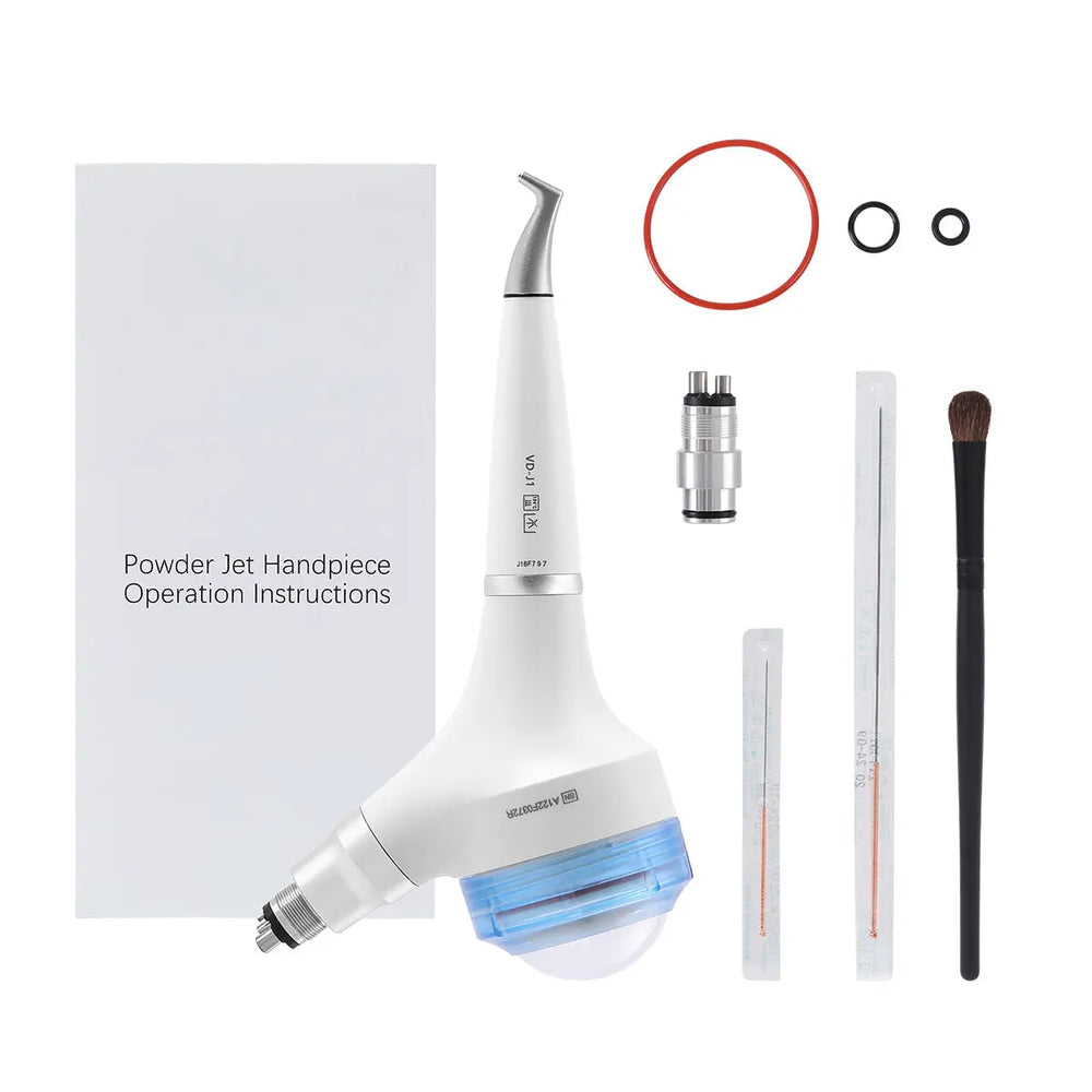 Dental Air Polisher Prophy Teeth Whitening A1 components: white handpiece with blue transparent window, detachable nozzle, operation instructions, cleaning tools, seal rings, and application brush for professional dental cleaning and teeth whitening.