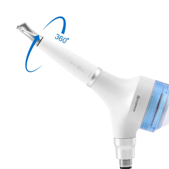 Dental Air Polisher Prophy Teeth Whitening A1 with 360-degree rotating handpiece, detachable design, transparent window for powder visibility, and ergonomic white and blue body for comfortable grip and efficient cleaning