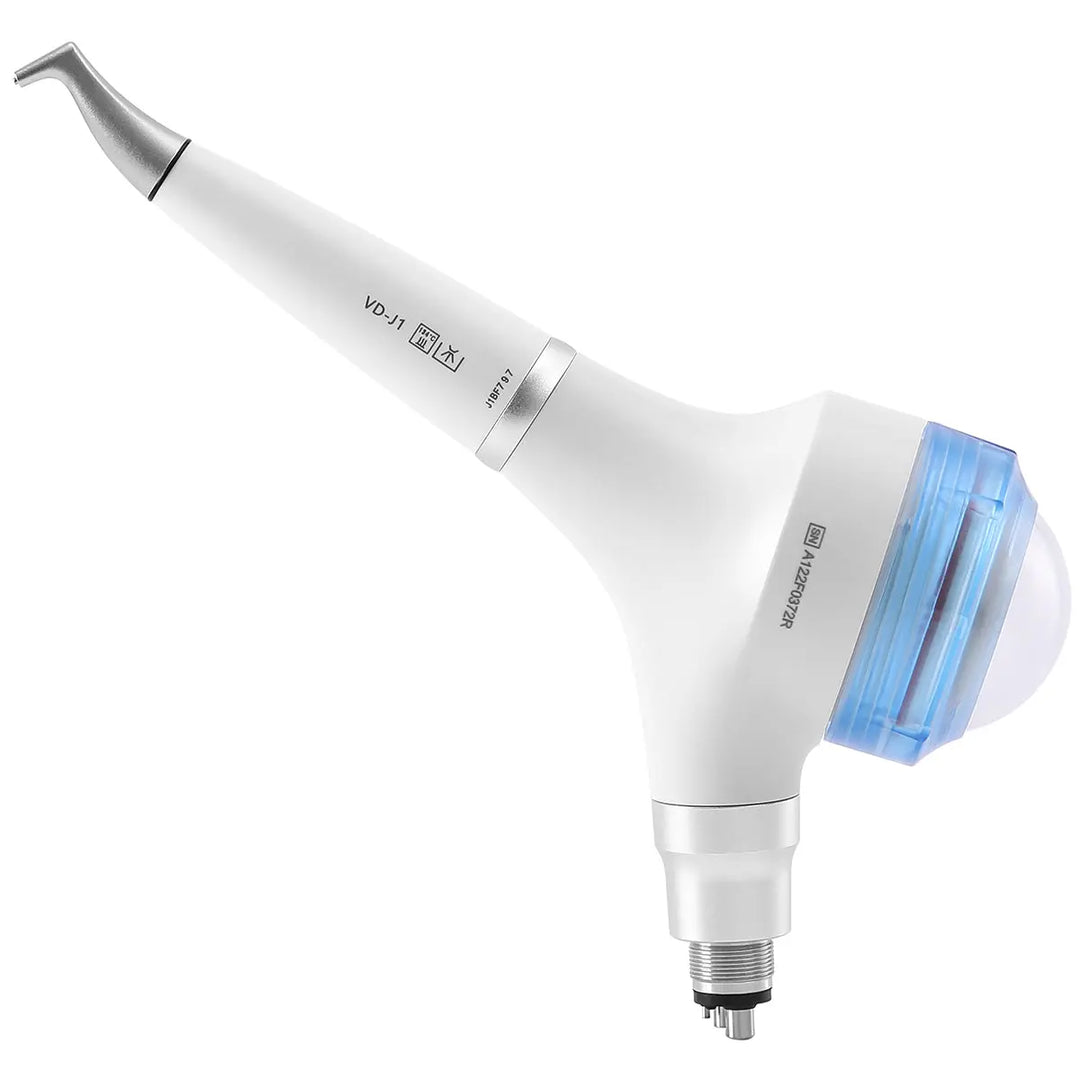 Dental Air Polisher Prophy Teeth Whitening A1 with detachable 360-degree rotating handpiece, featuring a white body, blue transparent powder chamber, and silver accents for ergonomic design and easy powder monitoring