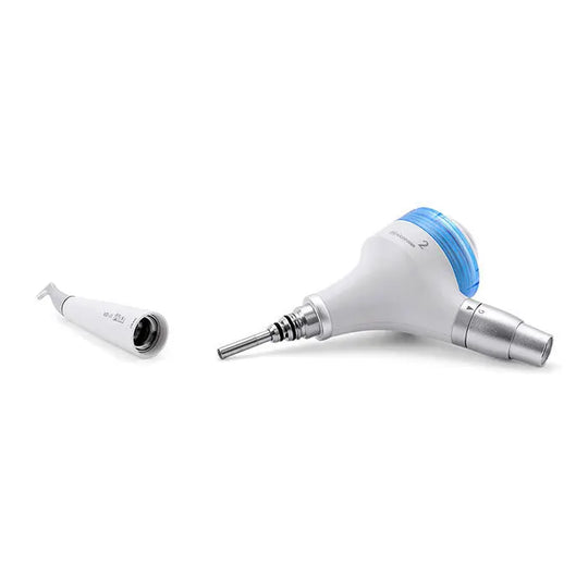 Dental Air Polisher Prophy Teeth Whitening A2 with detachable 360° rotating handpiece and quick coupler, featuring two working models. Main unit and separate nozzle attachment shown against white background.