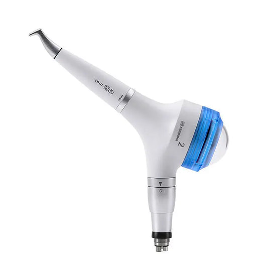 Dental Air Polisher Prophy Teeth Whitening A2 with detachable 360-degree rotating handpiece, featuring white body, blue transparent powder chamber, and angled metal nozzle for precise dental cleaning and polishing applications