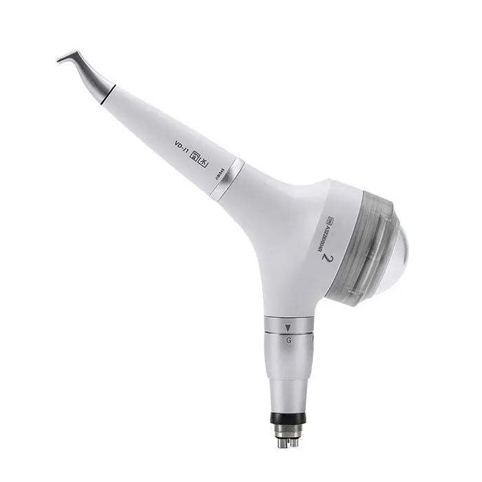 Dental Air Polisher Prophy Teeth Whitening A2 with detachable 360-degree rotating handpiece, quick coupler, and transparent powder chamber for easy observation. Features two working models for supragingival and periodontal scaling.