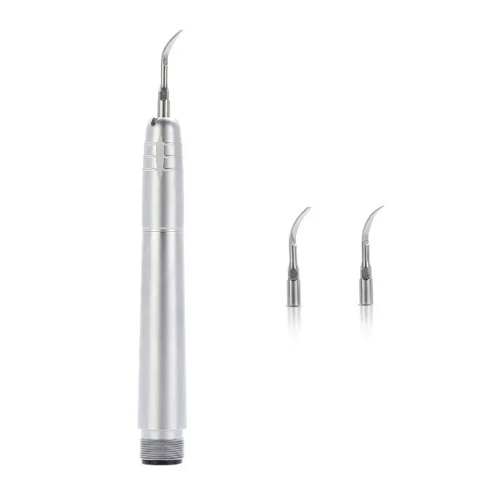 Dental Air Scaler Handpiece 2 Holes With 3 Scaler Tips: silver dental tool with curved tip and two additional detachable scaling tips, designed for professional dental cleaning and plaque removal, featuring Super Sonic technology for efficient scaling