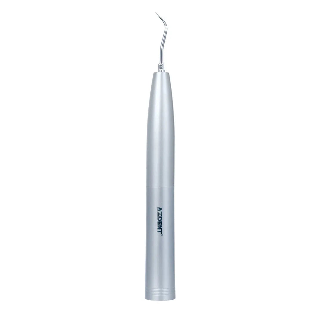 Dental Air Scaler Handpiece Sonic S with sleek silver cylindrical body and curved metal tip, designed for efficient dental cleaning and scaling procedures, featuring high-frequency oscillation and integrated spray functionality