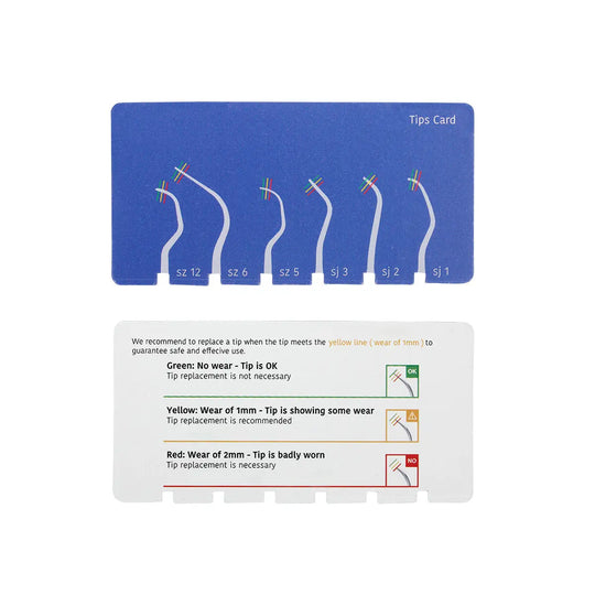 Dental Air Scaler Handpiece Sonic S tips card showing six different scaler tip sizes and wear indicator guide for maintenance and replacement, complementing the product's three included tips (SJ1, SJ2, SJ3)