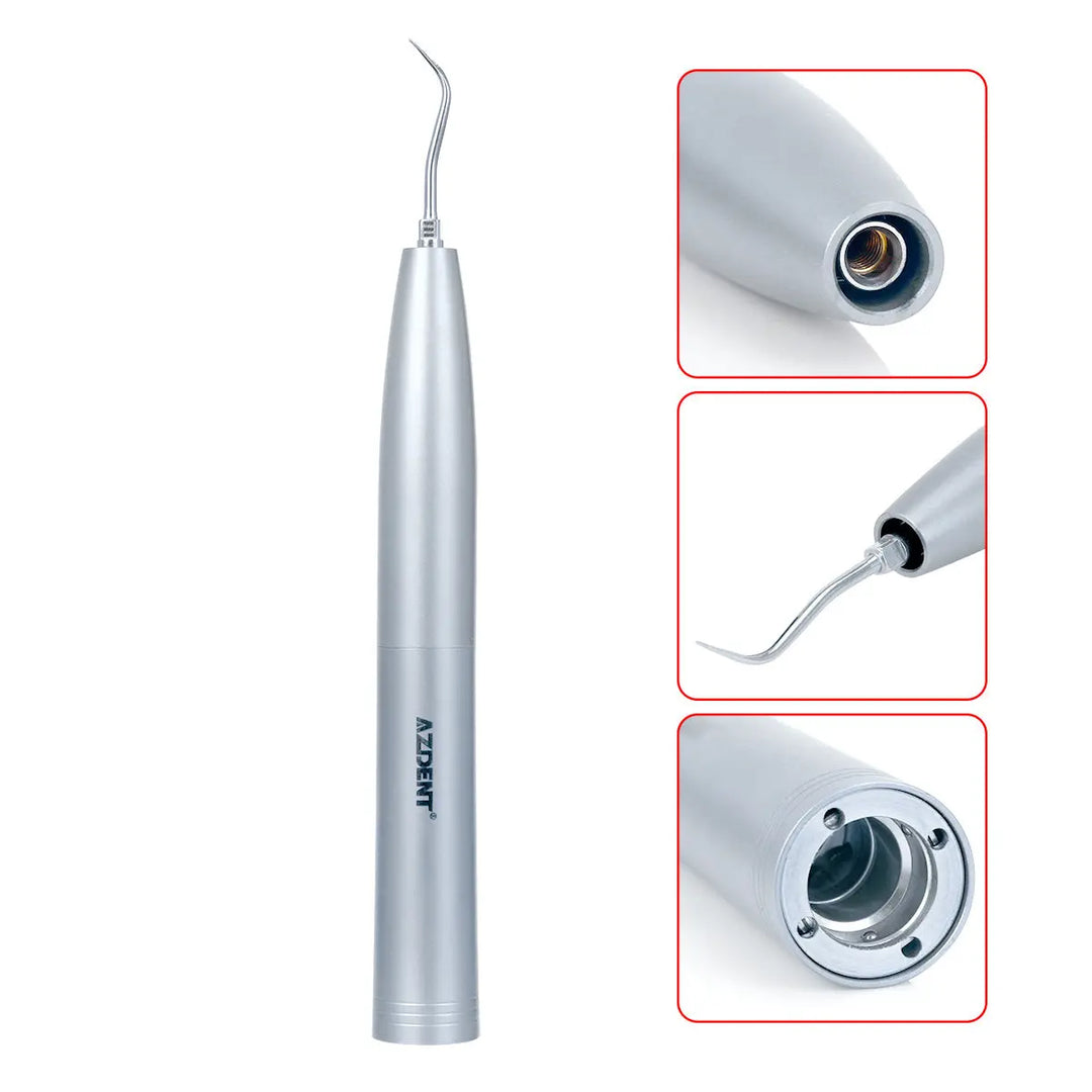 Dental Air Scaler Handpiece Sonic S with silver metallic body, curved tip, and three close-up images showcasing its connector, spray nozzle, and internal mechanism. Professional dental tool for efficient plaque removal and cleaning.