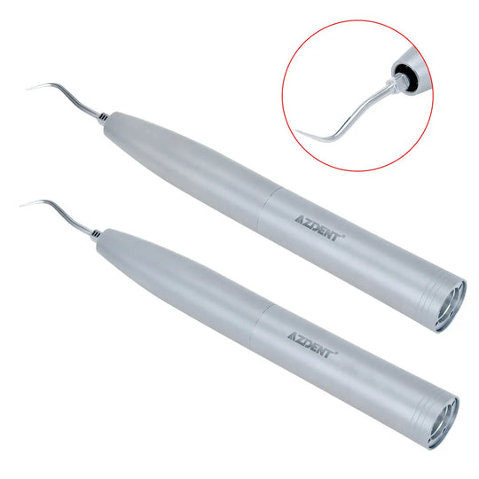 Dental Air Scaler Handpiece Sonic S with two silver cylindrical handpieces, featuring curved tips for precise dental work. Close-up of scaler tip in red circle, showcasing its angled design for effective plaque removal and dental cleaning.