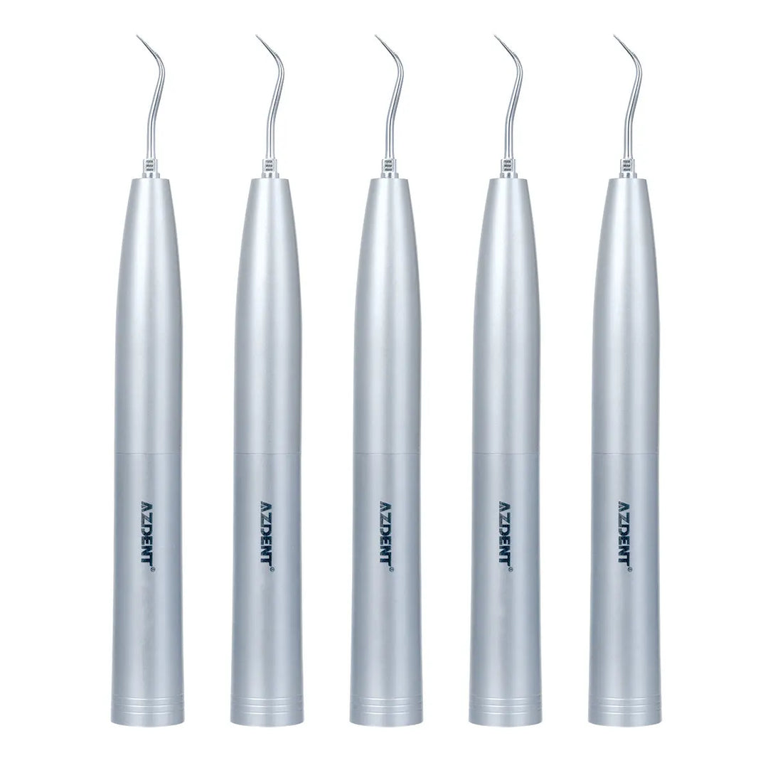 Dental Air Scaler Handpiece Sonic S: Set of five silver-colored dental scaler handpieces with curved tips, sleek cylindrical design, and Koksint branding, ideal for professional dental cleaning and scaling procedures.