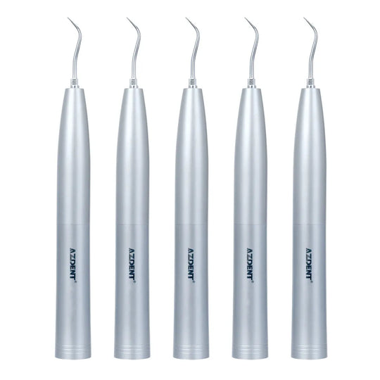 Dental Air Scaler Handpiece Sonic S: Set of five silver-colored dental scaler handpieces with curved tips, sleek cylindrical design, and Koksint branding, ideal for professional dental cleaning and scaling procedures.