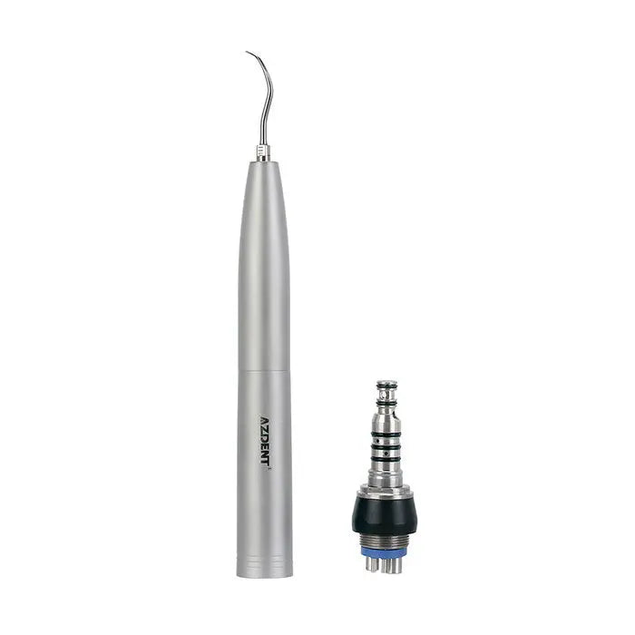 Dental Air Scaler Handpiece Sonic S with 4 Hole Quick Coupling: Silver cylindrical handpiece with curved tip and detachable coupling, designed for professional dental cleaning and scaling procedures. High-frequency oscillation for efficient plaque removal.