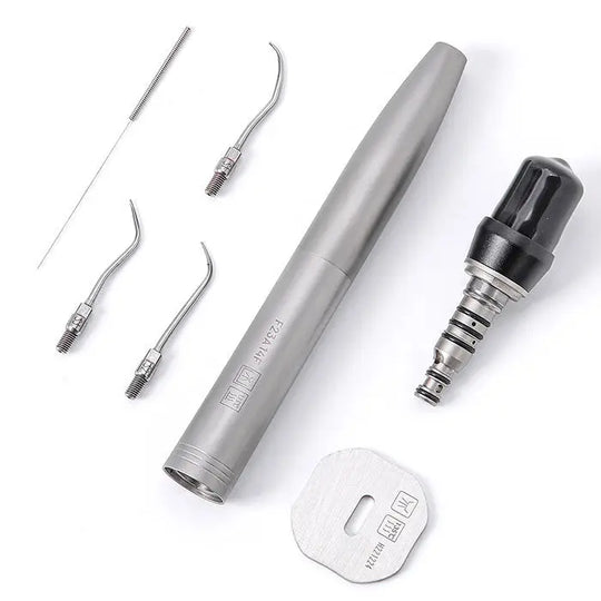 Dental Air Scaler Handpiece Sonic S with 4 Hole Quick Coupling set, including silver handpiece, multiple scaler tips, coupling, and torque wrench on white background. Professional dental tool for efficient cleaning and scaling procedures.